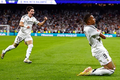 La Liga 2024-25 Real Madrid vs Real Betis: Real Madrid's Kylian Mbappe celebrates after scoring his sides first goal